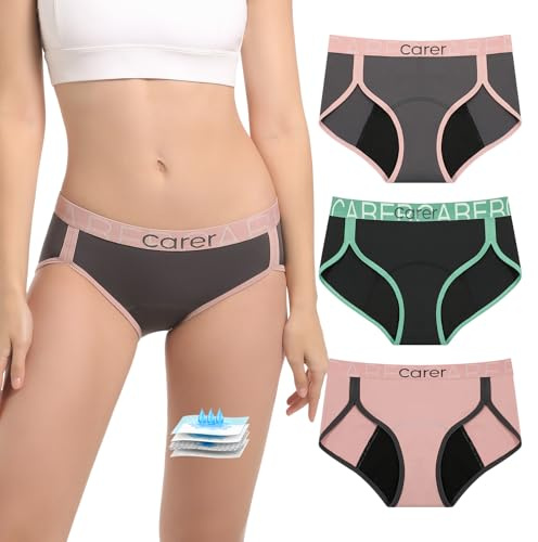 Carer Ropa Interior Menstrual Bragas Menstruales para Flujo Abundante con Absorción de 50 ml Rápida Absorción Suave para la Piel y Reutilizable Pack de 3 Multicolor Talla S