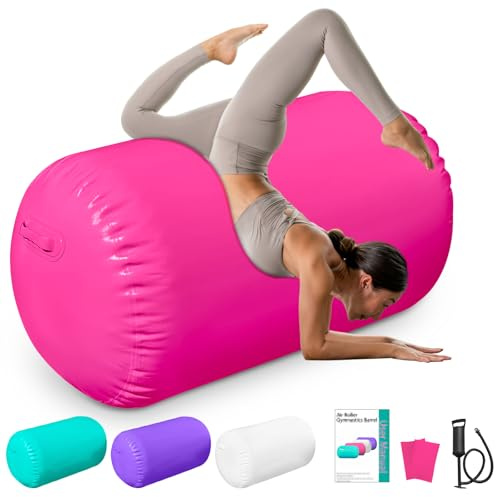 Air Roller Gymnastics Barrel Back Handspring Trainer Air Barrel Gymnastics Air Tumbling Mat for Tumbling Cheerleading Training Yoga Gym with Manual Air Pump Backhandspring Red