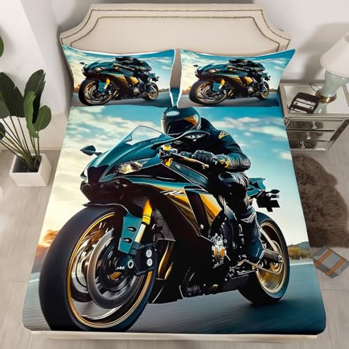 Loussiesd Juego de sábanas bajeras de coche de carreras, tamaño King, juego de sábanas de coche deportivo de velocidad para niños y adolescentes, decoración de motociclistas, juego de ropa de cama de