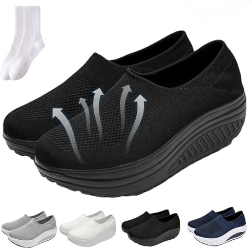 Chaussures à bas à bascule pour femme - Baskets d'été en maille confortable - Chaussures de marche orthopédiques avec soutien de la voûte plantaire pour femme, Noir , 40 EU