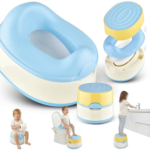 Merle Toys® 3in1 Töpfchen für Kinder, Toilette TÜV getestet, BPA Frei, Baby Potty Training Toilet, Baby Töpfchen ab 1 Jahr, Kindertoilette+Toilettensitz Kinder+Hocker, EASY CLEANING, Blau/Gelb
