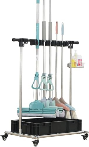 Support à balais et serpillères - Chariot de Rangement à roulettes pour Produits de Nettoyage, Seau à serpillière, Outils de Jardin, Armoire à balais, Porte-parapluies pour la mais
