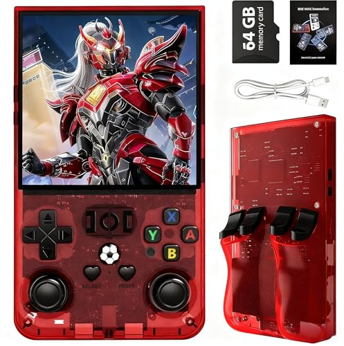 R36MAX Console di gioco portatile, schermo IPS da 4 pollici, spazio di archiviazione 64 GB, oltre 18000 giochi, rosso trasparente