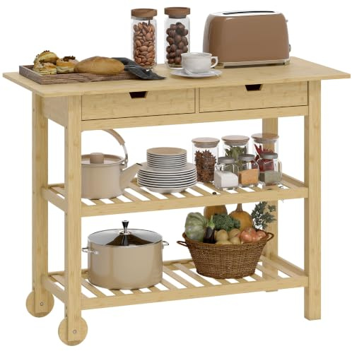 HOMCOM Carrito Auxiliar con Ruedas de Bambú 2 Ruedas 100x43x75 cm Natural | Carro de Servicio con 2 Cajones, 2 Estantes de Listones, Carrito para Cocina, Restaurante