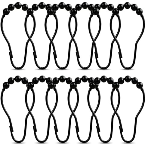 Lote de 12 anillas para cortina de ducha negra de acero inoxidable, antioxidantes, ganchos para cortinas de bolas de deslizamiento fluido, gancho de cortina con cierre seguro para barra de baño