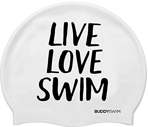 BUDDYSWIM Badekappe für Herren und Damen, aus Silikon, für Pool oder offene Gewässer, Silikon-Badekappe für Herren und Damen, langes Haar, auffällige Farbe, Gute Sichtbarkeit, Weiß