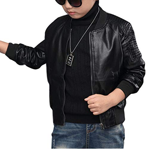 Garçon Veste en Simili Cuir Manches Longues Blouson Motard pour Enfant Noir 110CM