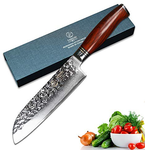 YARENH Coltello Santoku Damasco 17 cm - Coltello Cucina in Acciaio Giapponesi Damasco & Dalbergia della Manico - Coltelli da Cucina Professionali HTT-serie