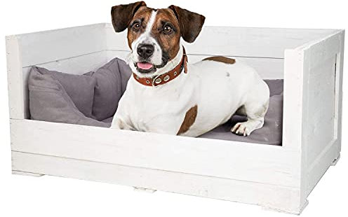 Vintage Möbel 24 GmbH Tolles Hundebett aus Holz mit Polsterung (Groß_Weiß) 90x57x45cm