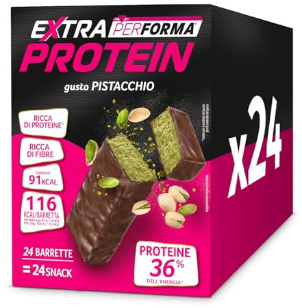 Pesoforma EXTRA PROTEIN, Barretta choco pistacchio, Barrette proteiche al gusto di cioccolato al latte e pistacchio, Fonte di vitamine, proteine e fibre, 27g, Multipack da 24 barrette