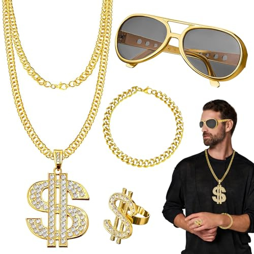 4 stycken dolla halsbandsset, hip hop rappare tillbehör, dollar kedja, halljacka kostym, guldkedja, solglasögon, guldring, dolla hänge kedja, 80-tals 90-tals tilläggsjacka kostym för karneval, Guld