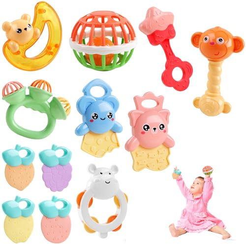 Rassel Beißring Set Babyspielzeug 0-6 Monate, 12 PCS Shaker Greifen Rassel Babyrasseln ab 0 Monate, Beißring Baby ab 1 Jahr, Sensorische Neugeborenen Spielzeug für Junge MäDchen Kleinkinder