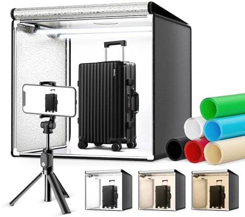 SenDeluz Caja de Luz Fotografía 60x60x60CM, Caja de Luz Portátil para Estudio de Fotografía con 2 Tiras LED Movibles y Regulación Continua, 6 Telones de Fondo para Todo Tipo de Fotografía de Producto