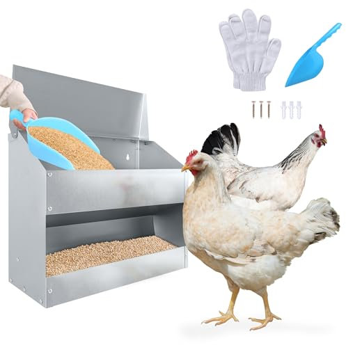 SUBTLETY 41x33x16cm Automatischer Futtertröge Metall Futterspender mit wasserdichte Deckel Hängend Futterautomaten Kapazität bis zu 15KG Hühnerfutterautomat für Geflügel Hühner Enten