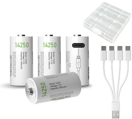 USB 14250 Lithium Ionen Aufladbare Akkus, 3.7V 300mAh wiederaufladbare batterien 1/2 AA Größe kann Batterien 3.6 Volt LS14250 ER14250 CR14250 ersetzen Akku, Typ C Ladekabel, Überladeschutz, 4 Stück