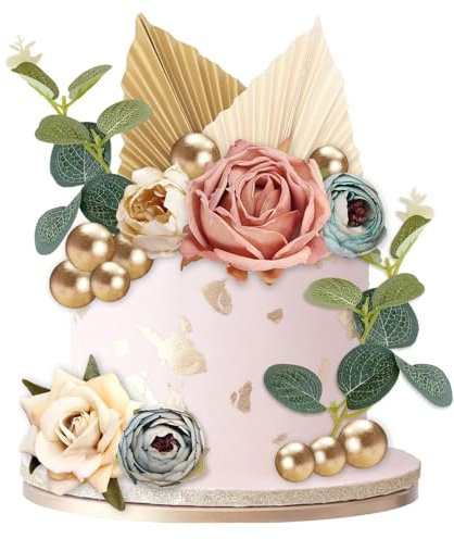 28 decorazioni per torta di compleanno, fiori secchi con palline dorate e foglie verdi, per decorazioni di compleanno rosa e decorazioni bohémien