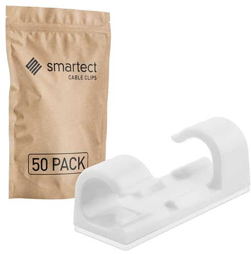 smartect Kabelhållare 50 Stycken Självhäftande, 3M Lim, i Vit | Väggkabelklämmor för att Fästa USB-, Ström- och Laddkablar, Kabelklämmor för Kabelhantering på Skrivbordet