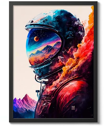 Lone Astronaut Space Poster, Colourful Abstract Astronomy Wall Art Home Decor, Astronaut Planets Print, Archival Matte, A2 (Black Frame) - 59.4x42cm
