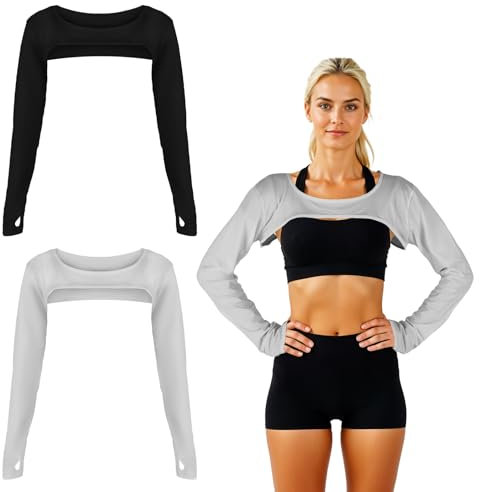 Grevosea 2 Stück sun sleeves women UV Schutz Bolero Schal Fortschrittlicher Anti UV Armmanschette kühlende Schal Armstulpen Damen mit Fingerloch zum Golfen,Reiten(Schwarz+Grau)
