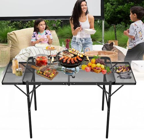 VA-Cerulean Tavolo da campeggio pieghevole, tavolo da picnic portatile, tavolo multifunzione regolabile in altezza, con piastra in metallo, tavolino per giardino, picnic sulla spiaggia, all'aperto (90