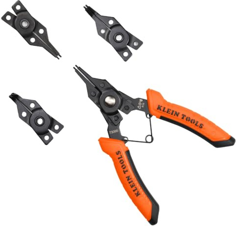 Klein Tools 73066 Convertible Snap Ring Pliers Set, 6-in-1 Internal External Clip Pliers, 4 Interchangeable Heads with Straight, 45- Degree and 90-Degree Angles
