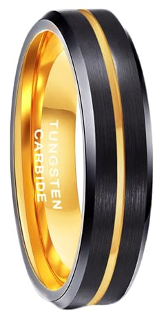 Stfery Tungsten stål tvåfärgad räfflad ring för män, 6/8 mm borstad fasad guld svart bandring