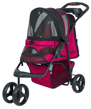 Petique Durable Pet Stroller, Easy Fold, Quality mesh Windows, Large Storage Basket, Secure Cup Holder Tray, for Small to Medium Dog, Cat, Bunny, Supports Pets up to 55LBS - RAZZBERRY
