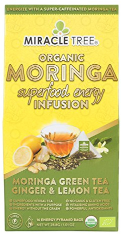 Miracle Tree's Moringa Energy Tea - Green Tea with Ginger & Lemon | Super Caffeinated Blend | Healthy Coffee Alternative, Perfect for Focus | Organic Certified & Non-GMO | 16 Pyramid Sachets