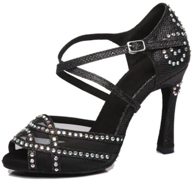 MGM-Joymod Dam Öppen tå volanger strass latinsk dansskor bröllopsfest sandaler, Svart 10 cm klack, 38 EU