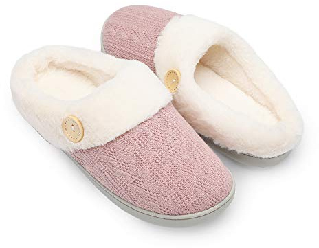 Chantomoo Damtoffel varm bekväm minnesskum hustofflor stickade skor fuskpäls fodrad halkfri gummisula sovrum mysiga inomhus utomhus tofflor, Rosa, 35.5/37 EU