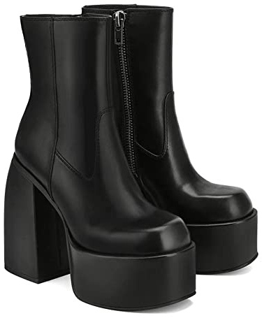 VOMIRA Black Platform Boots for Women - Round Toe Chunky Platform Boots with Block High Heel, Slide Zipper, Solid Black, Pu Leather, Short Boots