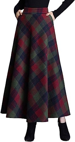 ebossy Falda Larga Vintage de Cintura Alta de Mezcla de Lana a Cuadros con Bolsillo para Mujer, Verde, XXL