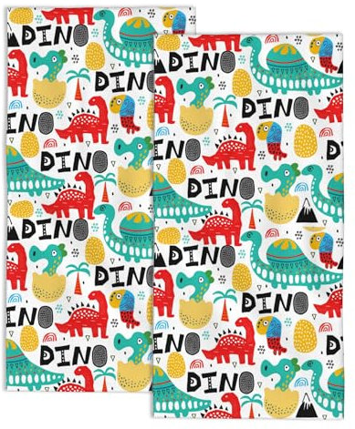 Snowmolle Niedliche Dino-Handtücher für Badezimmer, Dinosaurier mit Handflächen, Handtuch-Set, 2 Stück, Gesichts-Waschlappen, Fingerspitzen, Küchentücher, weiches Badetuch, Geschirrtuch für