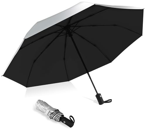 HEXSOLID 46/42inch Strongest Windproof Travel Umbrella Auto Open Close Folding Compact Durable Umbrella for Rain and Wind 210T Fabric 8 Strong Fiberglass Frame (Silver/Black, 46inch)