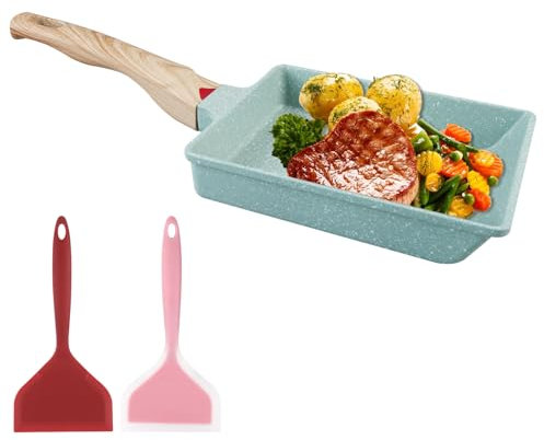 TOATELU Japanese Omelette Pan, Tamagoyaki Pan with Silicone Spatula & Brush, Non-Stick Omelette Pan for Japanese Omelettes, for All Types of Cookers, Green, 16 x 20 cm