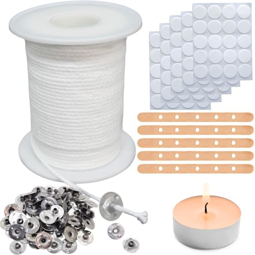 【10000 cm】Kerzendocht, 151 Stück Kerzen Selber Machen Set, Kerzendochte für Kerzen,Rauchfrei Docht, Dochte für Kerzen mit Dochthalter und Aufkleber für DIY Kerzenherstellung Weihnachten Duftkerzen