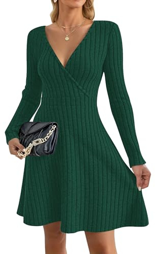AUSELILY Jumper Dress for Women UK Autumn Winter Sexy V Neck Lightweight Flowy Elegant Ladies Dresses Knitted Long Sleeve Knee Length Wrap Dress for Wedding Party Green M