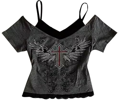 YOSUWOAI Tee Y2k T-shirt grunge pour femme Emo Vintage à manches courtes Crop Tops épaules dénudées T-shirt avec imprimé papillon Sexy Punk Gothique Asymétrique Tshirts Y2K Clubwear
