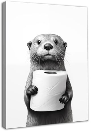Dazzlewall Framed Funny Bathroom Wall Art Poster Cute Otter Holding Toilet Paper, Black and White Animal Picture for Bathroom Toilet Decor 12x16 in