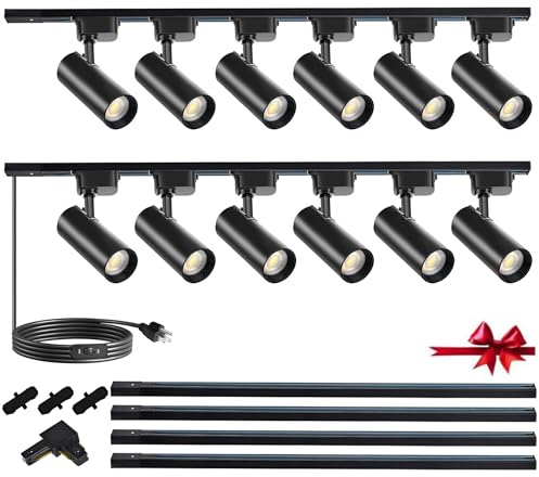 Yuemegou J&L Type LED Track Lighting Kit, Track Lighting 12 Heads Cool Light 6000K 25W 2700lm High Brightness Dimmable Track Lighting System with 26ft Track Rail, Adjustable Angle Light Heads
