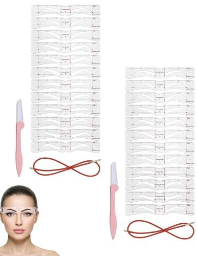 ZAMXHUG 24 pcs plantillas para cejas con soportes, formas reutilizables para estilizar cejas, adecuado para principiantes, soporte de plástico rosa para contornos precisos y simetría