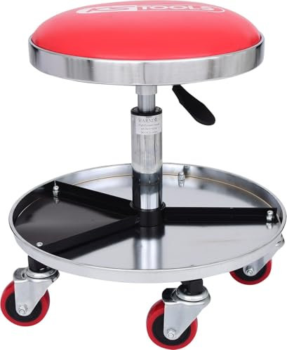 KS Tools 44-56 500.8004 Fahrbarer und höhenverstellbarer Werkstatthocker mit Aufbewahrungsebene zur Ablage von Werkzeugen, hydraulische Höhenverstellung 44-56 cm, maximal belastbar bis 135 kg, Rot