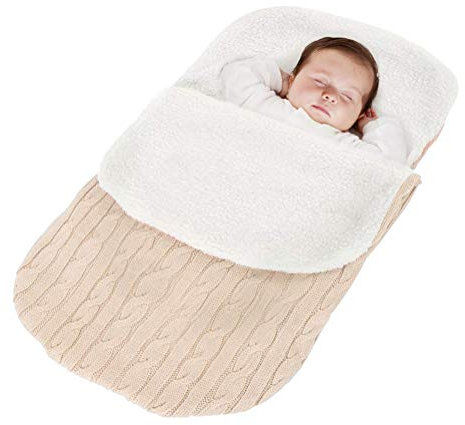 Minetom Kinderwagen Baby Schlafsack Stricken Winter Buggy Babyschale Winterfußsack Weich Warmes Plüsch Draussen Fußsack Babydecke Footmuff Beige 38 * 68 cm