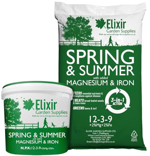 Elixir Gardens Spring & Summer Lawn Food & Grass Fertiliser | Premium Granular Compound Turf Feed with added Iron + Magnesium Oxide | 10kg Tub Treats 400m²