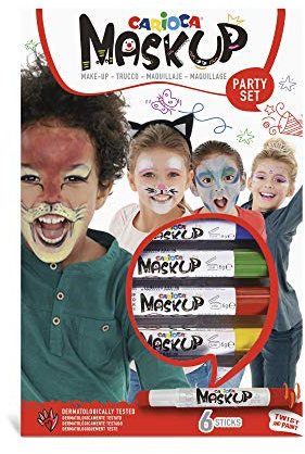 CARIOCA Mask Up Party, Truccabimbi Kit per Bambini e Bambine, Trucchi per la Pelle in Stick Ideali per Natale, Halloween, Carnevale e Feste - 6 Colori e 2 Tutorial - Dermatologicamente Testati