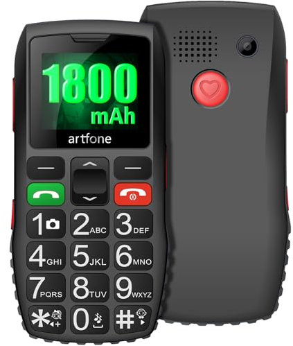 artfone C1 Black 2G GSM,Big Button Mobile Phone, Unlocked Senior Mobile Phone with SOS, Big Battery 1800mAh,USB Type C,Three Side Buttons More Easier.