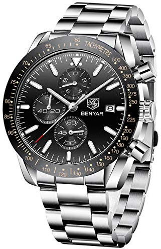 BENYAR Men's Quartz Watch Sport Chronograph Fashion Business Brand Luxury Waterproof Analog Date Watch Men Brown Leather Watch for Men