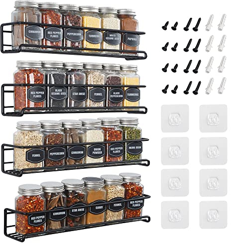 Spice Rack Wall Mounted 4 Tier – Space-Saving Kitchen Spice Organizer for Seasonings – Screw or Adhesive Hanging – Wall Mount Hanging Spice Rack for Wall, Cabinet, Pantry Door 2.5x 2.5x11.5 in