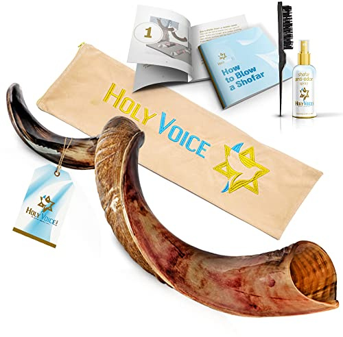 Holy Voice Kosher Kudu Shofar Horn from Israel 32-36 Traditional Half-Polished Yemenite Shofar Set Includes Carrying Bag, Brush and Blowing Guide - Easy Blowing Ancient Musical Instrument