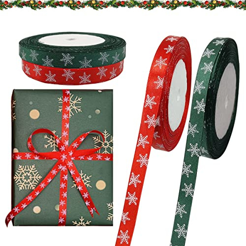 50 Yards Ruban Noel,Ruban Cadeau Noel,Rubans Satin Noël,Christmas Ribbon,Rubans Noël Rouge et Vert pour Emballage Cadeau,Decoratif,Bricolage Artisanat